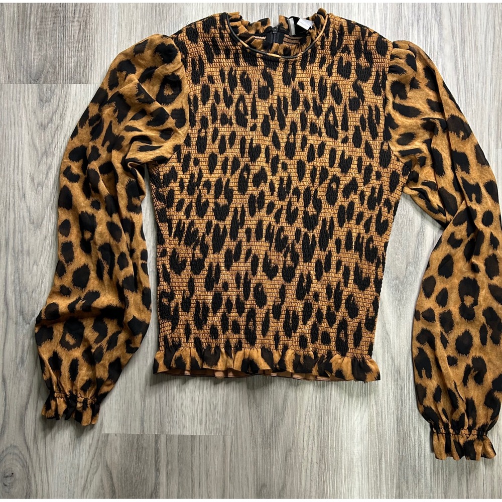 JASON WU Leopard Print Smocked Ruffle‎ Neck Long Sleeve Top XS